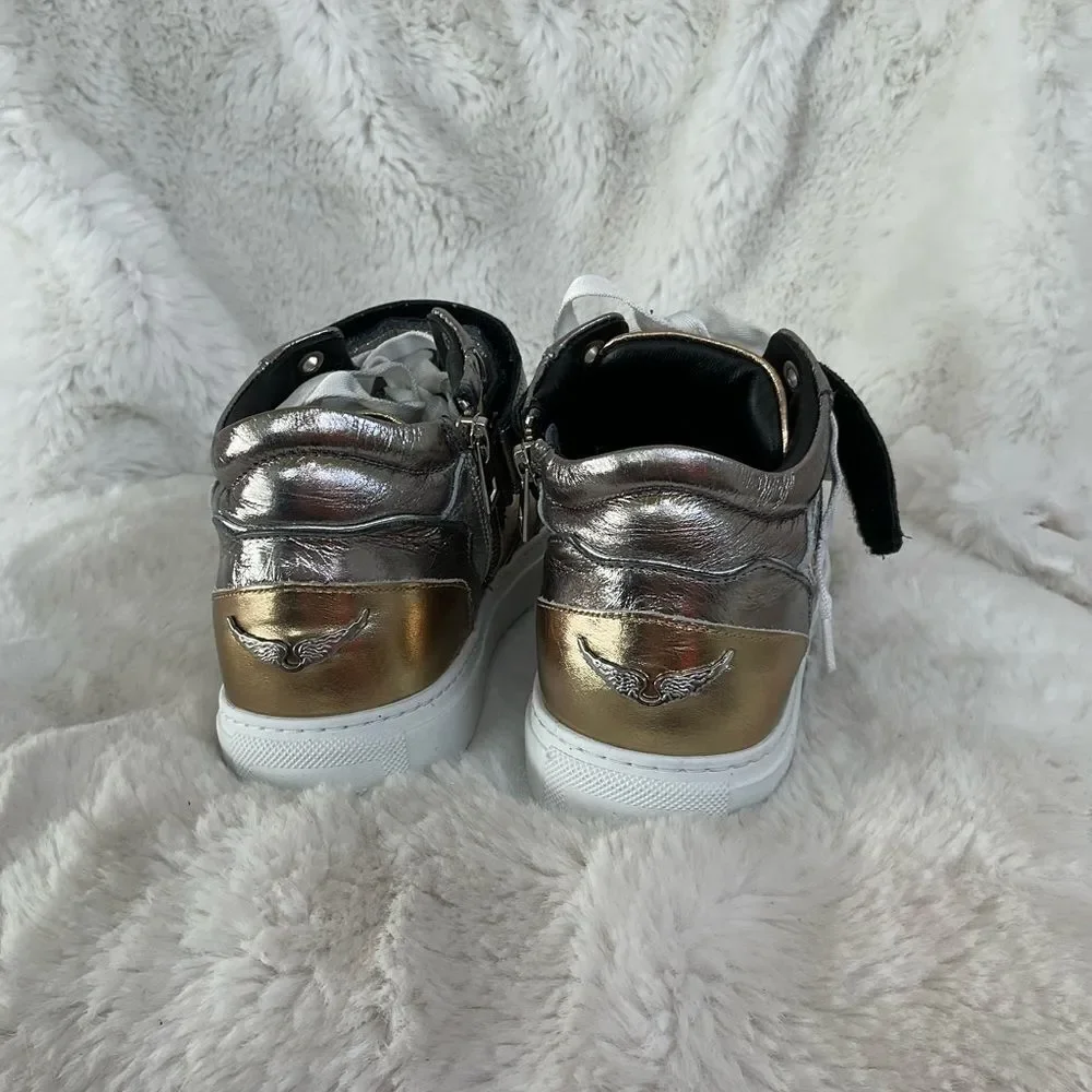 NEW Zadig & Voltaire Silver Gold Mid Top Flash Vintage Metallic Mix Sneakers 6.5